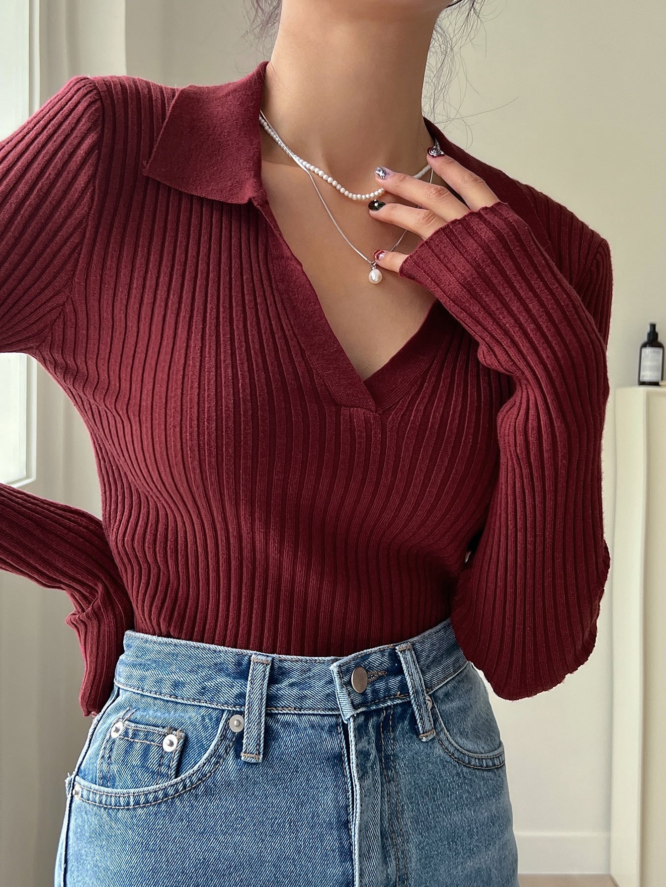 Buy SHEIN DAZY Solid Ribbed Knit Sweater in Pakistan