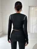 Buy SHEIN DAZY Women'S Color Block Rolled Edge Top With Solid Color Leggings Two Piece Set in Pakistan