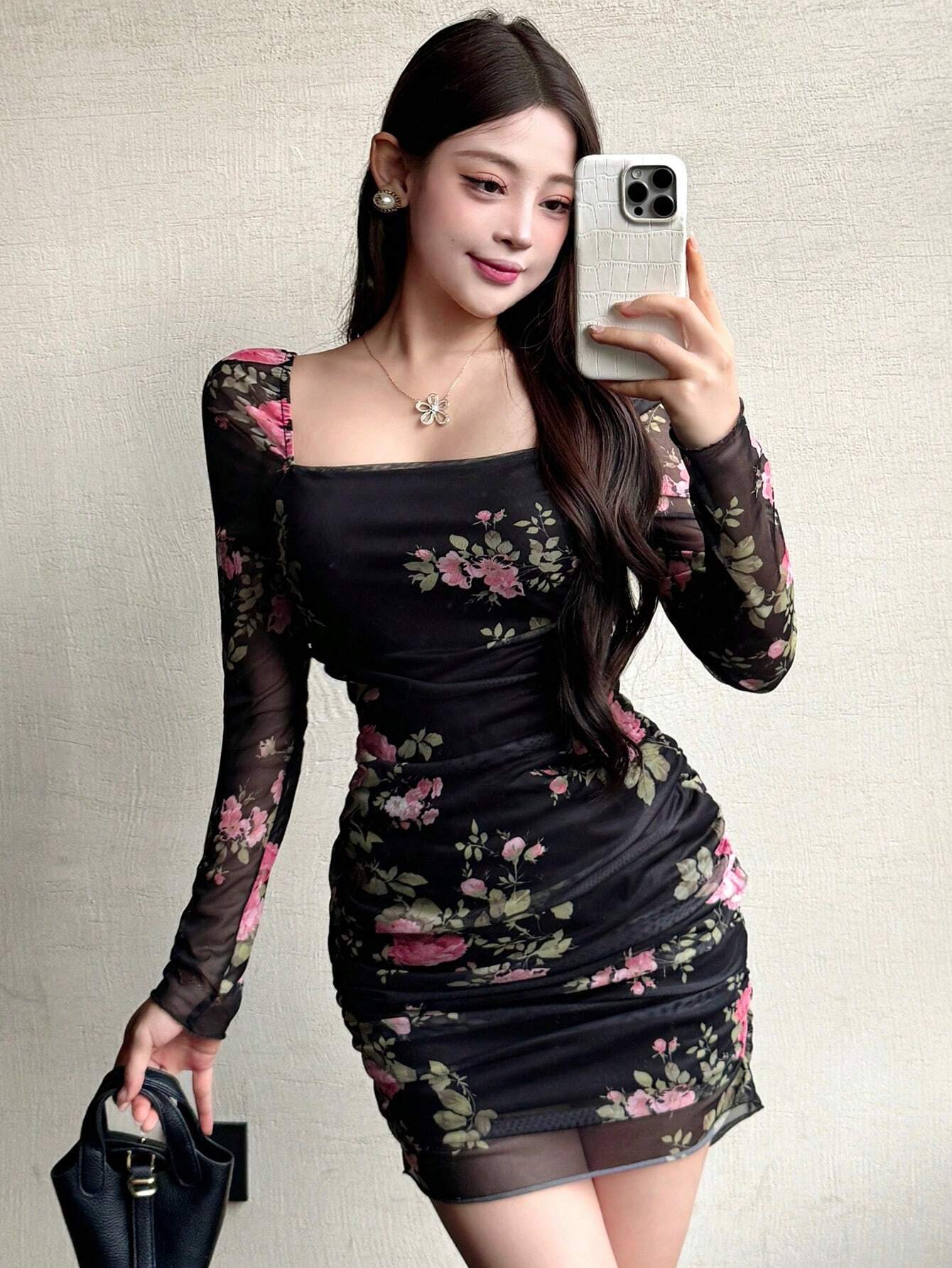 Buy SHEIN DAZY Women Floral Print Mock Neck Long Sleeve Fitted Dress With Thermal Lined in Pakistan