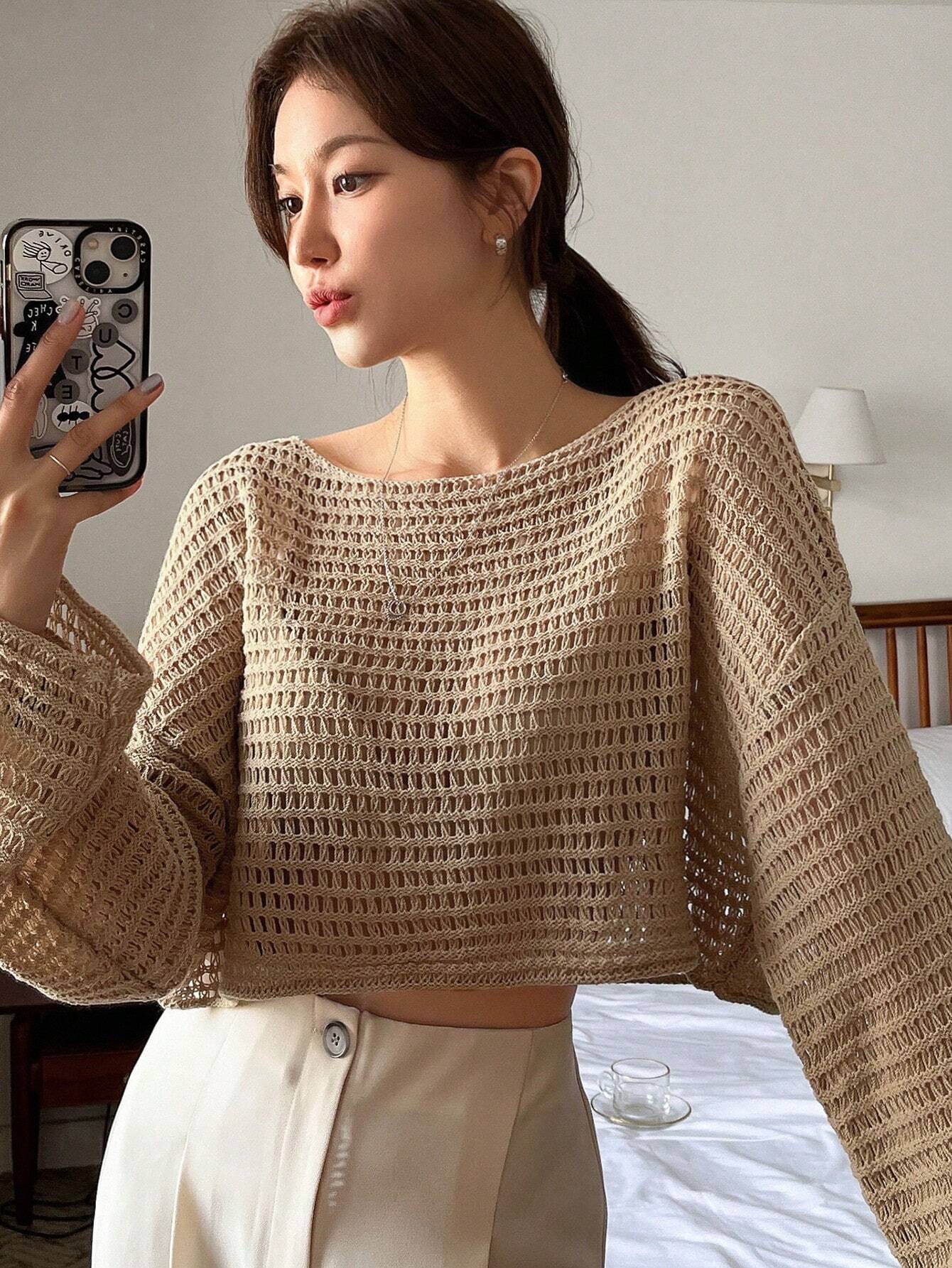 Buy SHEIN DAZY Women Solid Color Basic Round Neck Hollow Knitted Sweater in Pakistan
