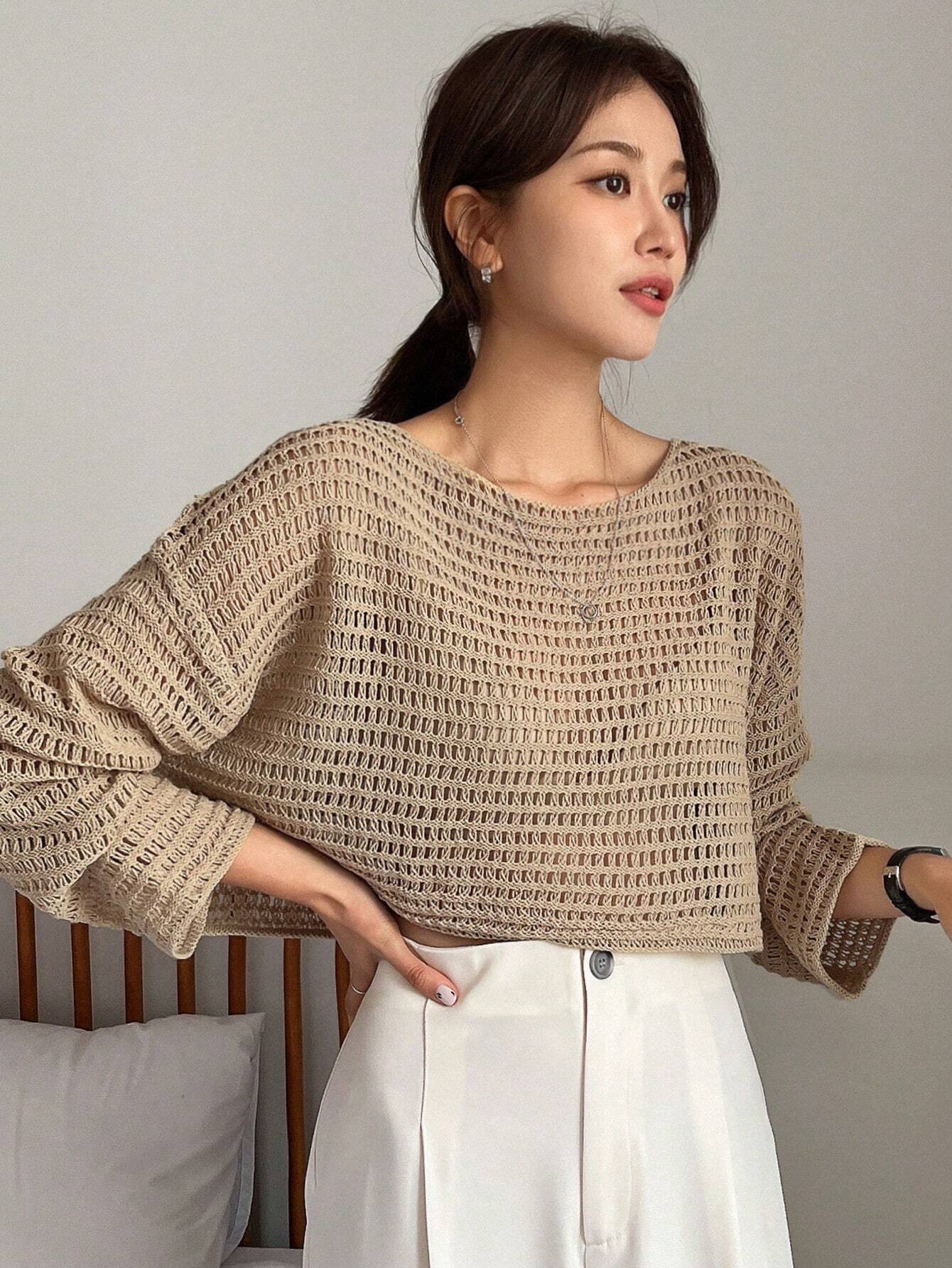 Buy SHEIN DAZY Women Solid Color Basic Round Neck Hollow Knitted Sweater in Pakistan