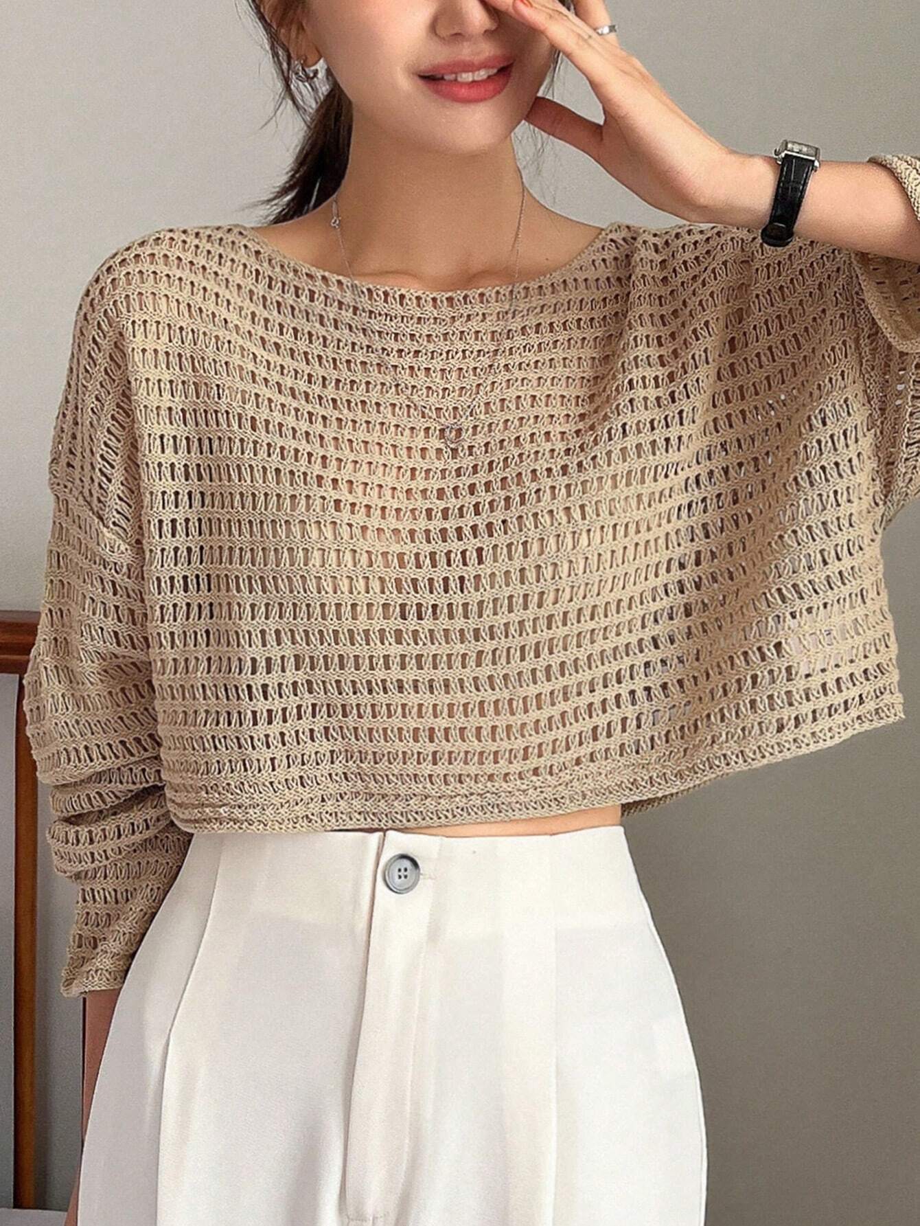 Buy SHEIN DAZY Women Solid Color Basic Round Neck Hollow Knitted Sweater in Pakistan