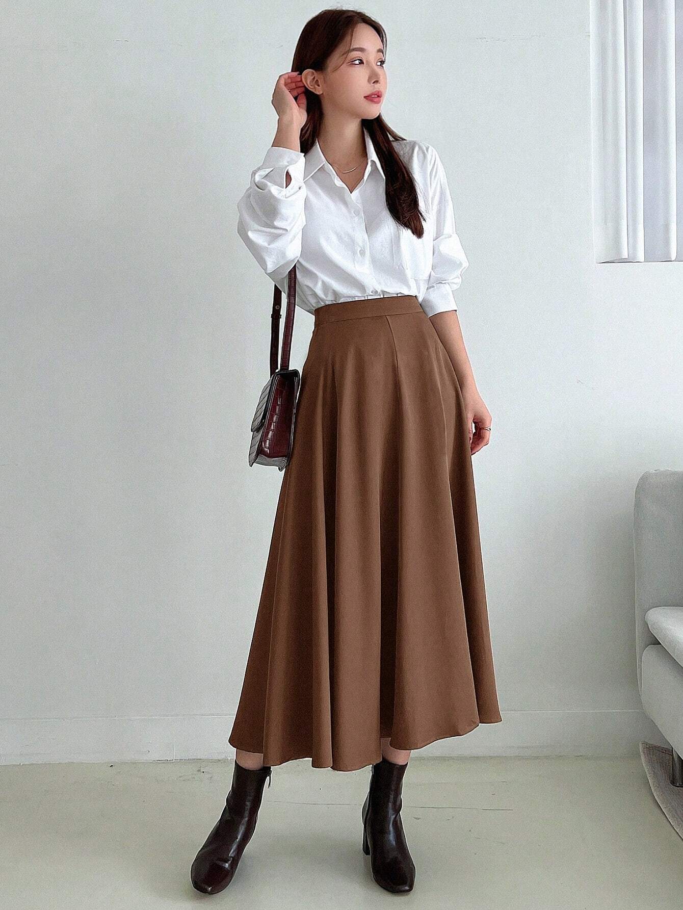 Buy SHEIN DAZY Women Solid Color Daily Wear Long Flare Skirt in Pakistan