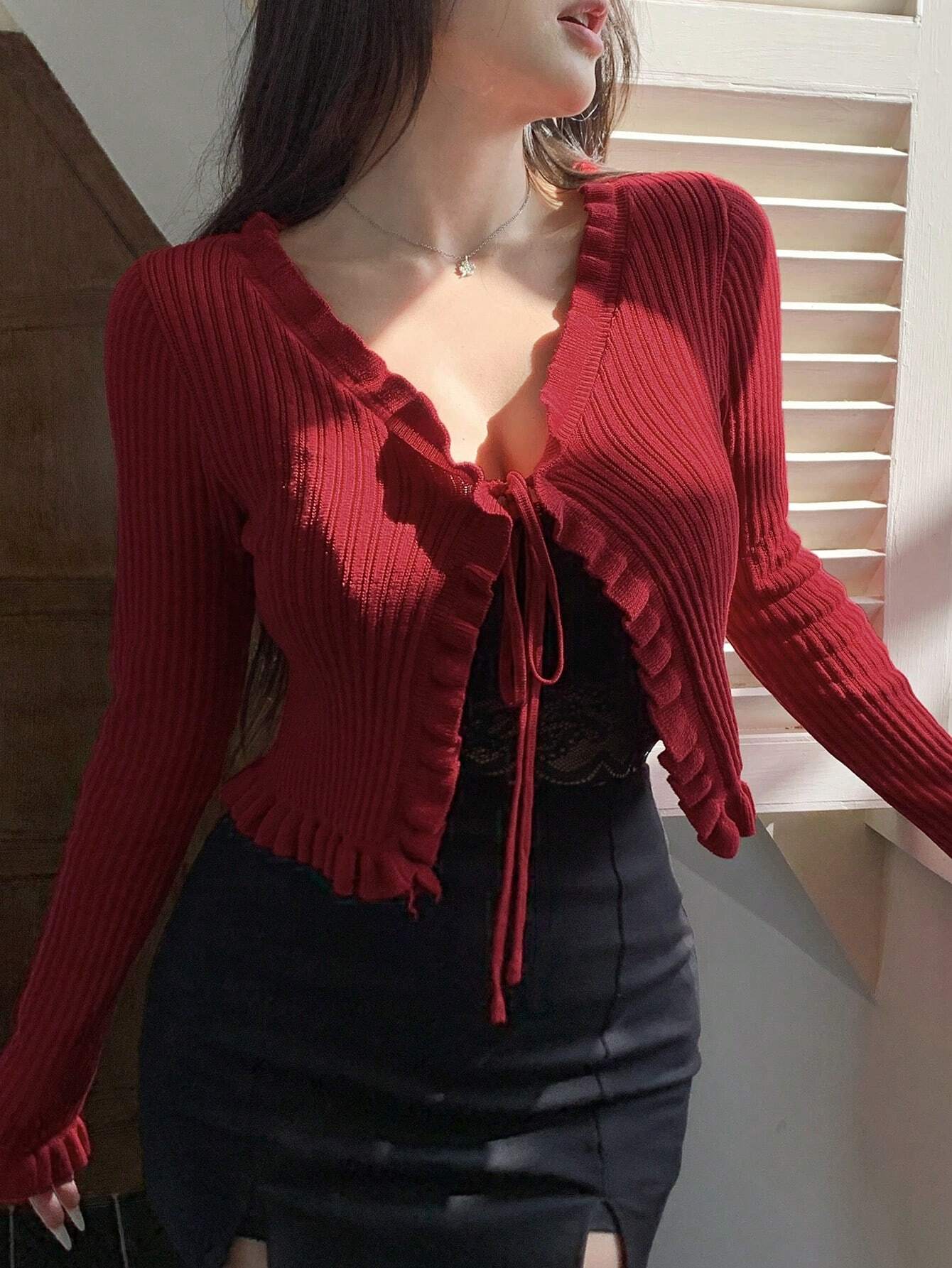 Buy SHEIN DAZY Women Spring And Autumn Solid Color Long Sleeve Front Tie Short Ruffle Cardigan in Pakistan