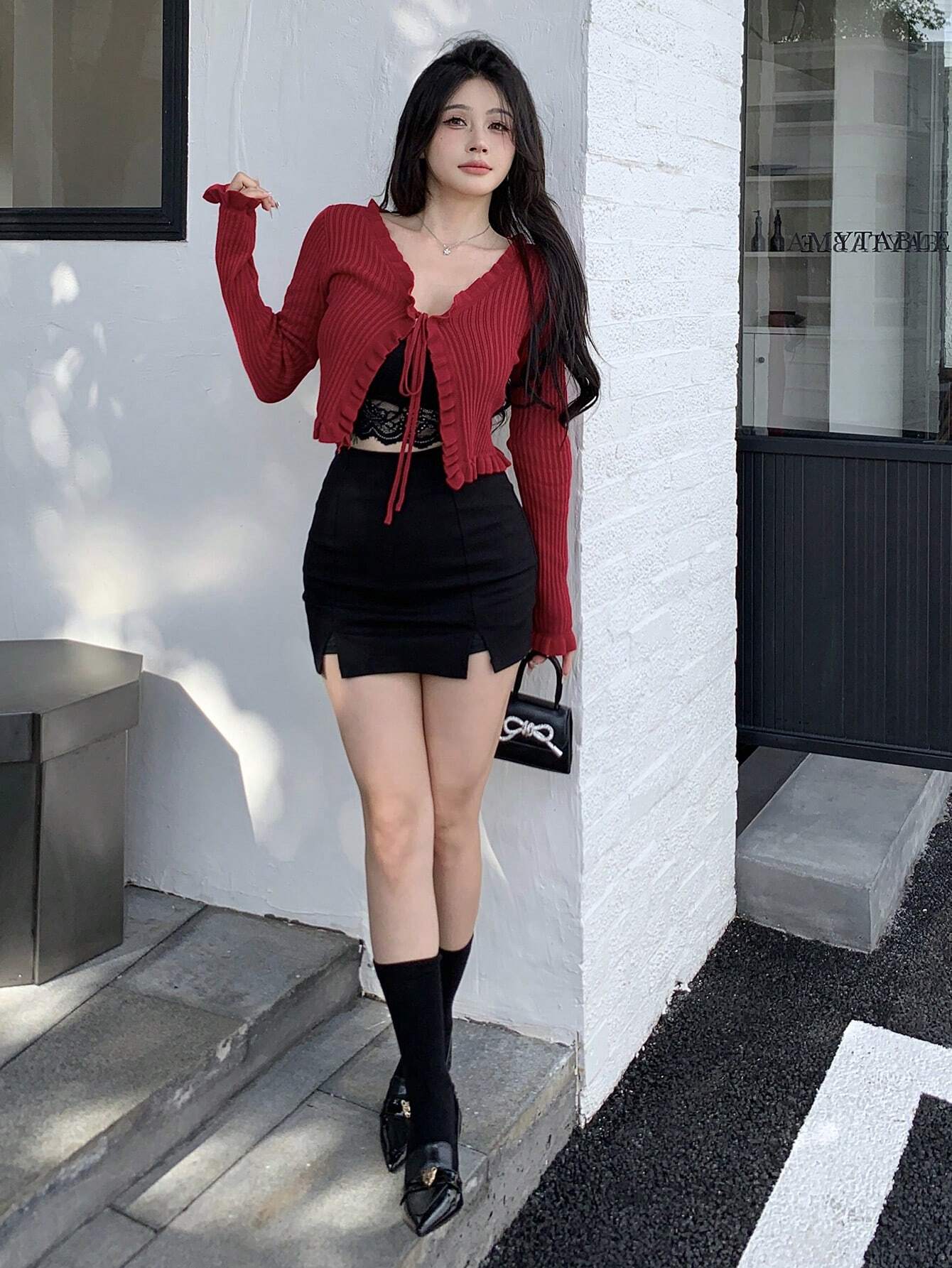 Buy SHEIN DAZY Women Spring And Autumn Solid Color Long Sleeve Front Tie Short Ruffle Cardigan in Pakistan