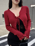 Buy SHEIN DAZY Women Spring And Autumn Solid Color Long Sleeve Front Tie Short Ruffle Cardigan in Pakistan