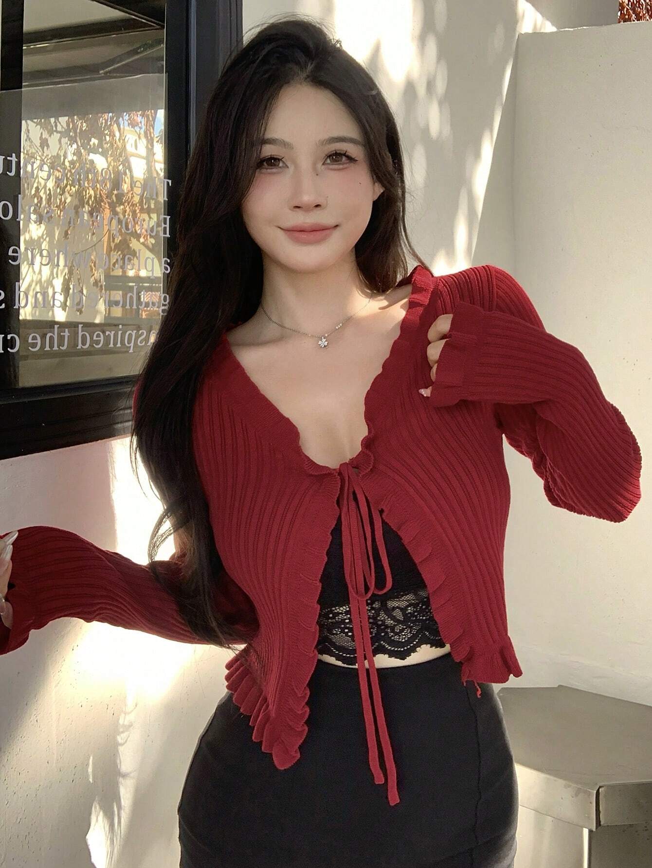 Buy SHEIN DAZY Women Spring And Autumn Solid Color Long Sleeve Front Tie Short Ruffle Cardigan in Pakistan