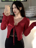 Buy SHEIN DAZY Women Spring And Autumn Solid Color Long Sleeve Front Tie Short Ruffle Cardigan in Pakistan