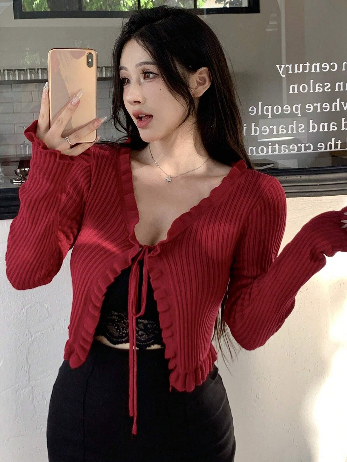 Buy SHEIN DAZY Women Spring And Autumn Solid Color Long Sleeve Front Tie Short Ruffle Cardigan in Pakistan