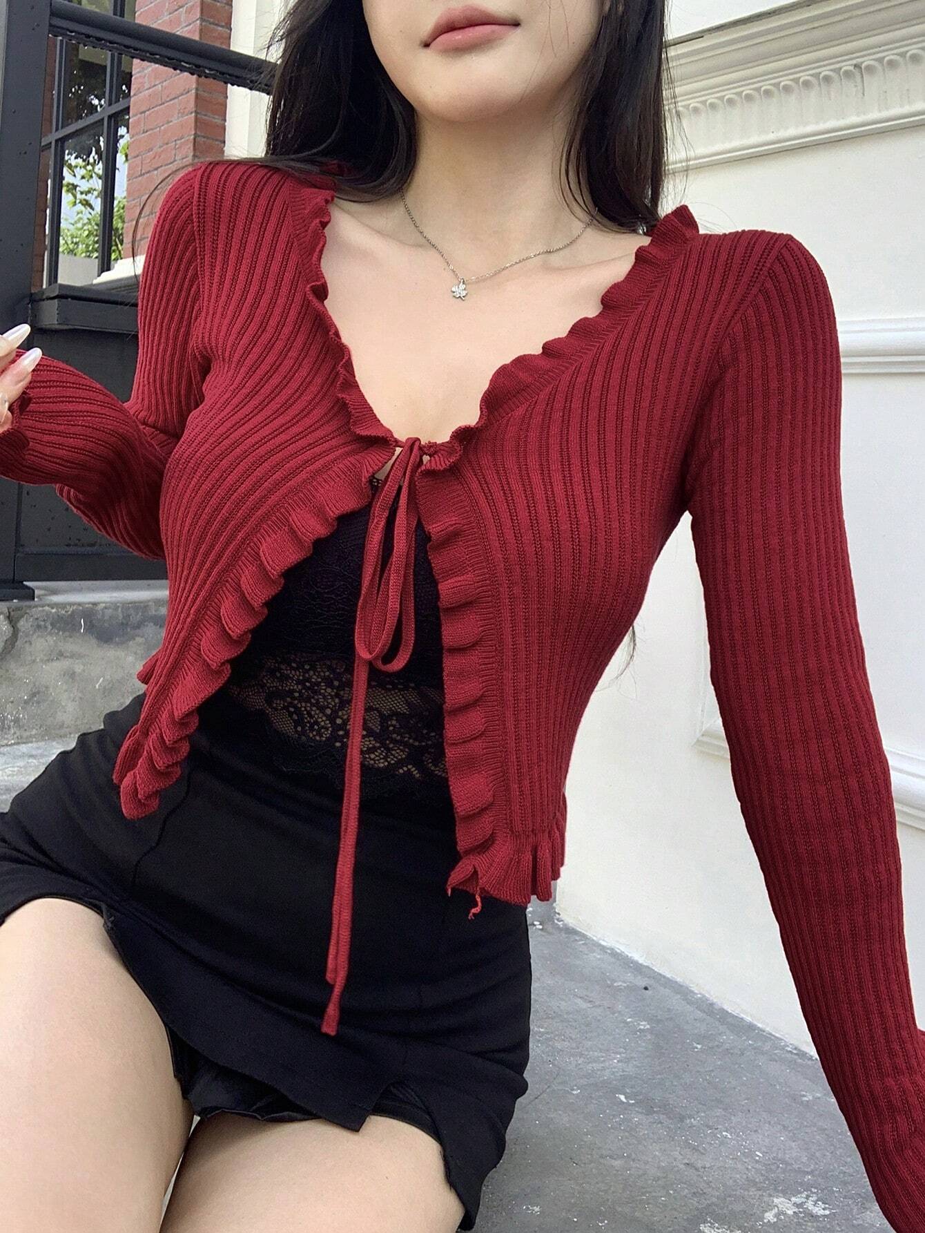 Buy SHEIN DAZY Women Spring And Autumn Solid Color Long Sleeve Front Tie Short Ruffle Cardigan in Pakistan