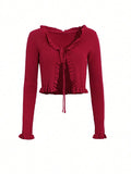 Buy SHEIN DAZY Women Spring And Autumn Solid Color Long Sleeve Front Tie Short Ruffle Cardigan in Pakistan