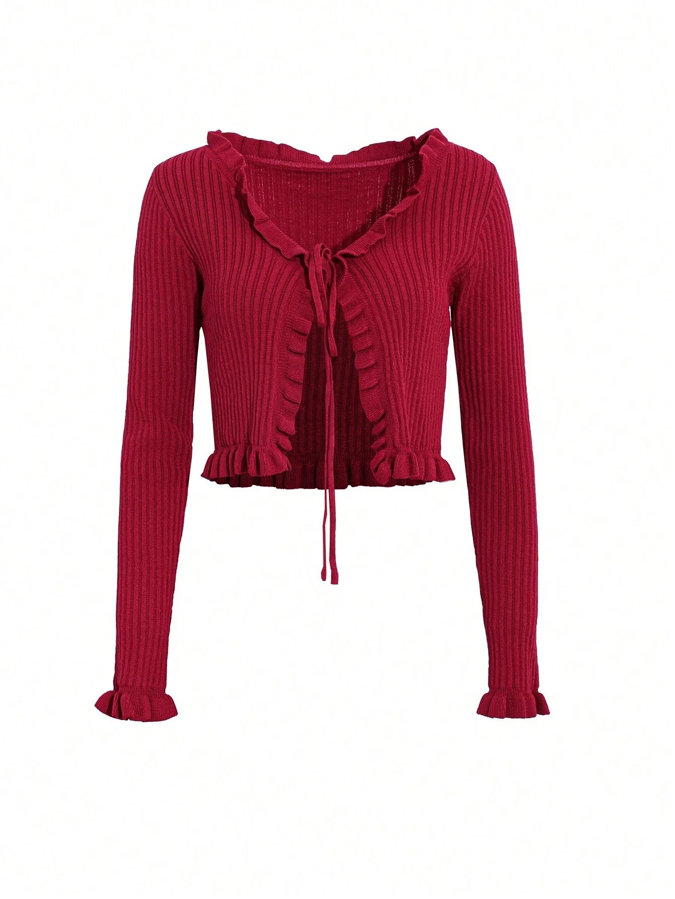 Buy SHEIN DAZY Women Spring And Autumn Solid Color Long Sleeve Front Tie Short Ruffle Cardigan in Pakistan