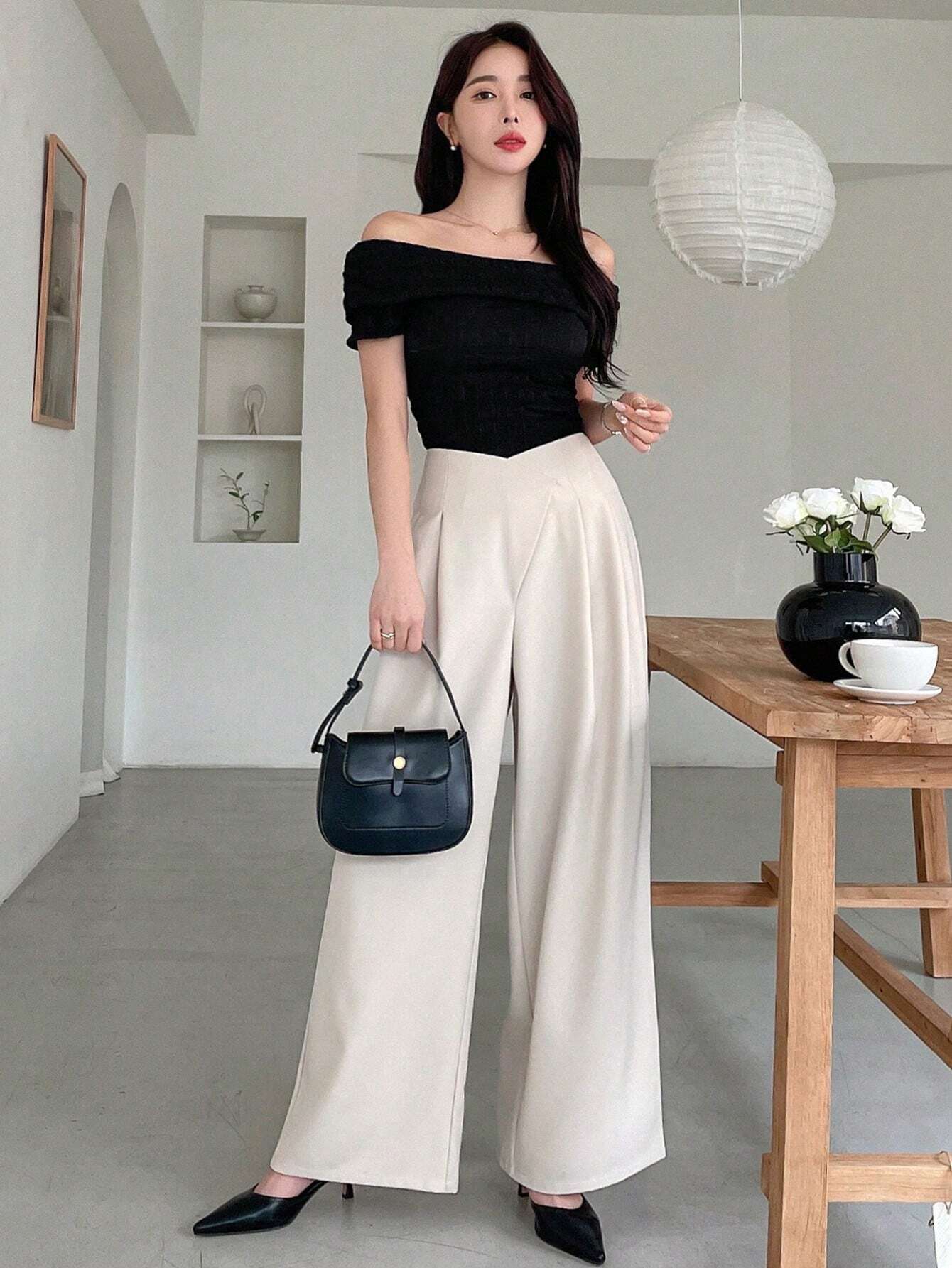 Buy SHEIN DAZY Women's Asymmetric Waist Wide Leg Pants in Pakistan