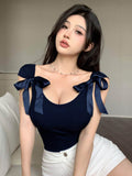 Buy SHEIN DAZY Women's Bowknot Tie Back Tight Short Sleeve T-Shirt in Pakistan