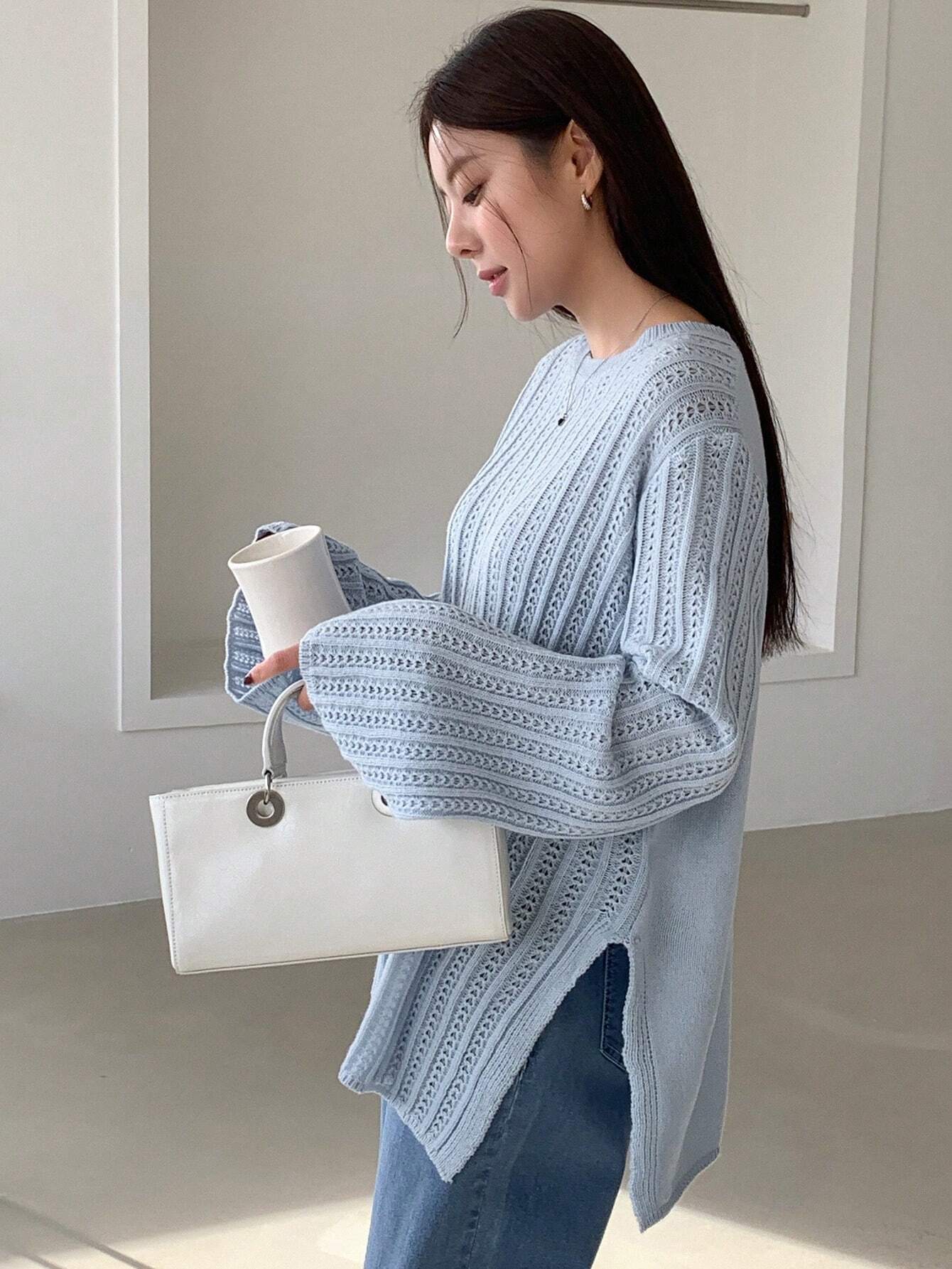 Buy SHEIN DAZY Women's Business Casual Solid Color Flare Sleeve Sweater in Pakistan