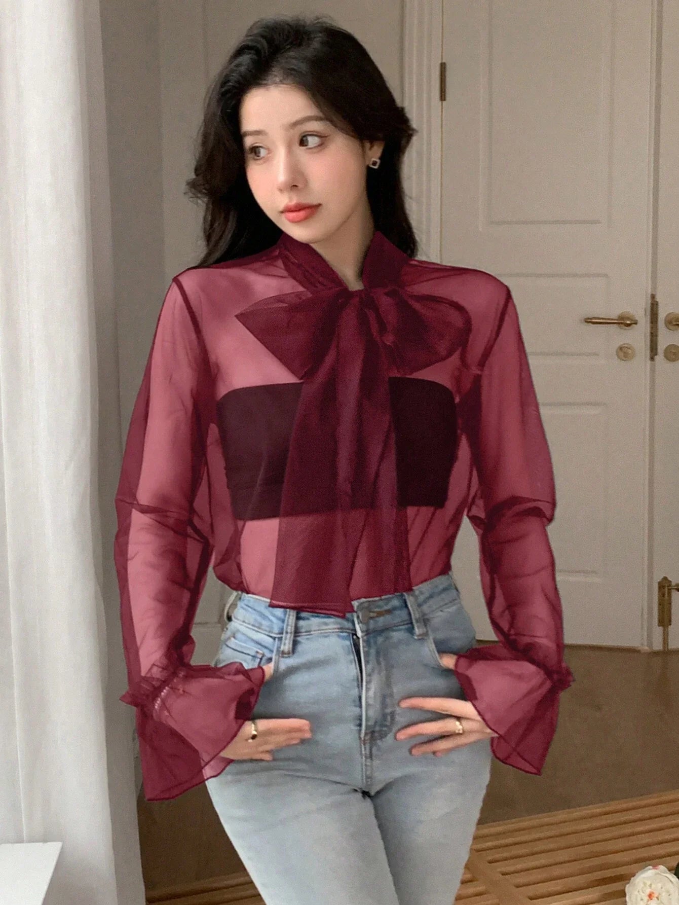 Buy SHEIN DAZY Women's Lace Up Sheer Mesh Bell Sleeve Shirt in Pakistan