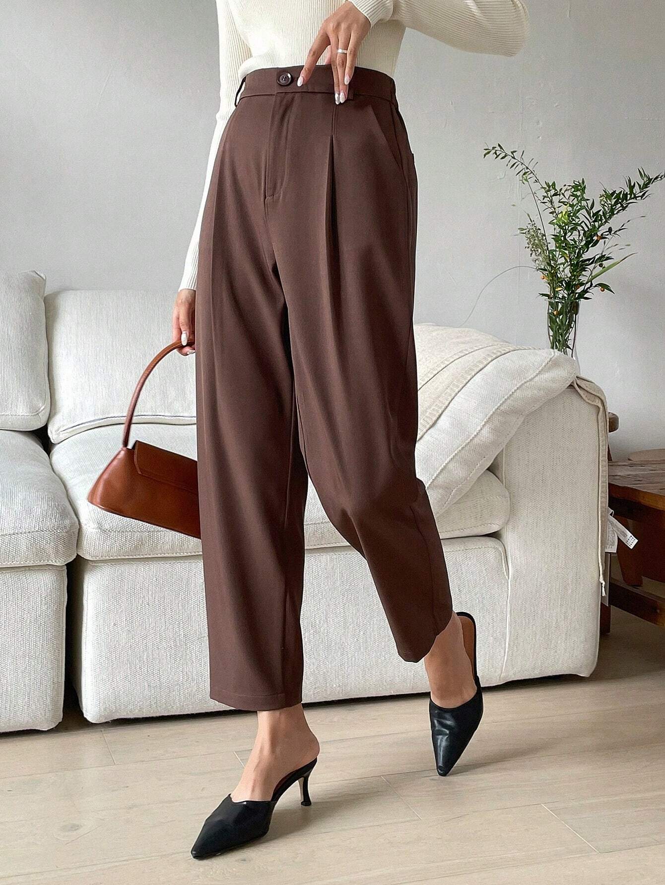 Buy SHEIN DAZY Women's Plain Color Pleated Pocket Business Casual Suit Pants in Pakistan
