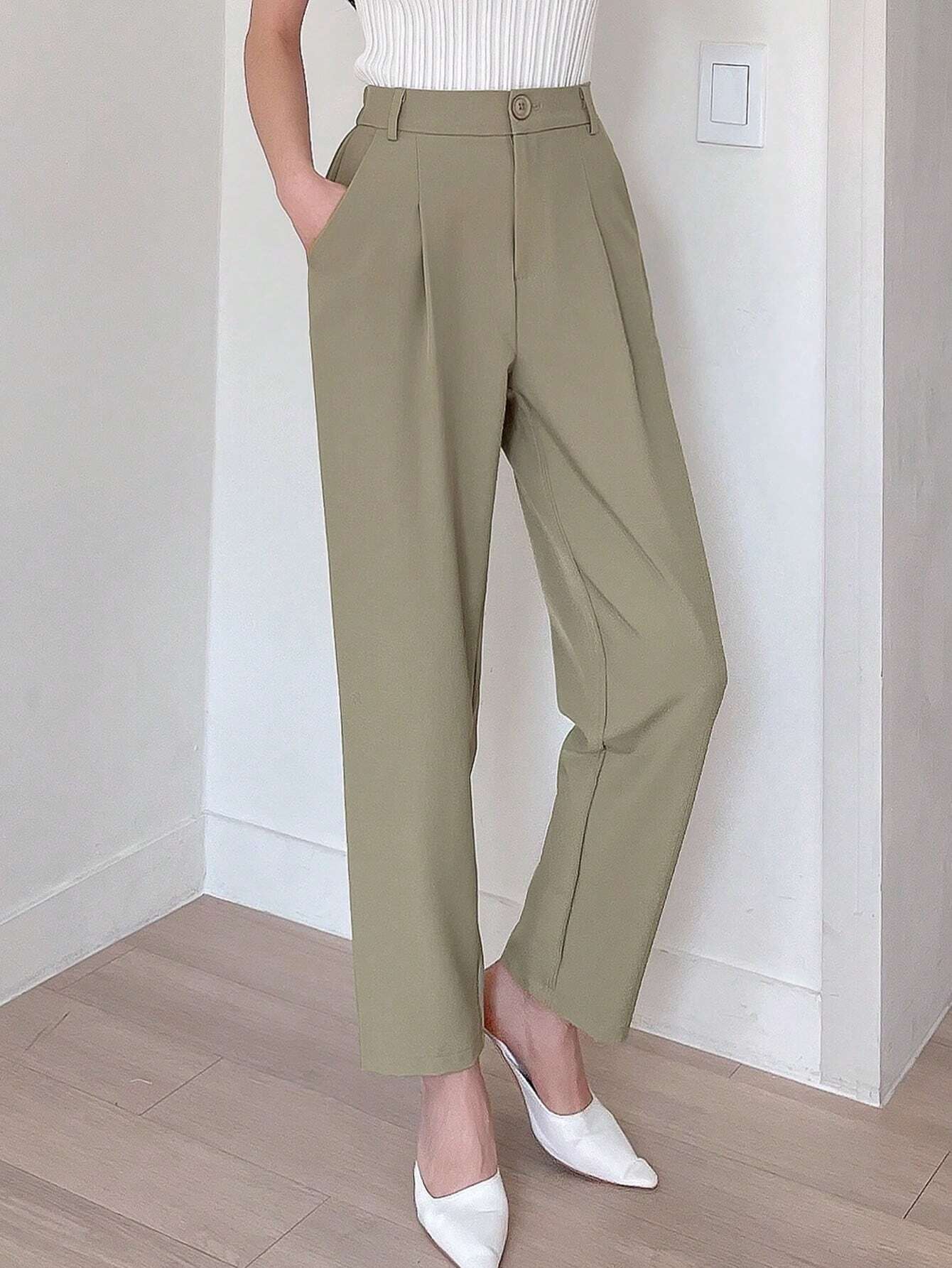 Buy SHEIN DAZY Women's Plain Color Pleated Pocket Dress Pants, Business Casual Style in Pakistan