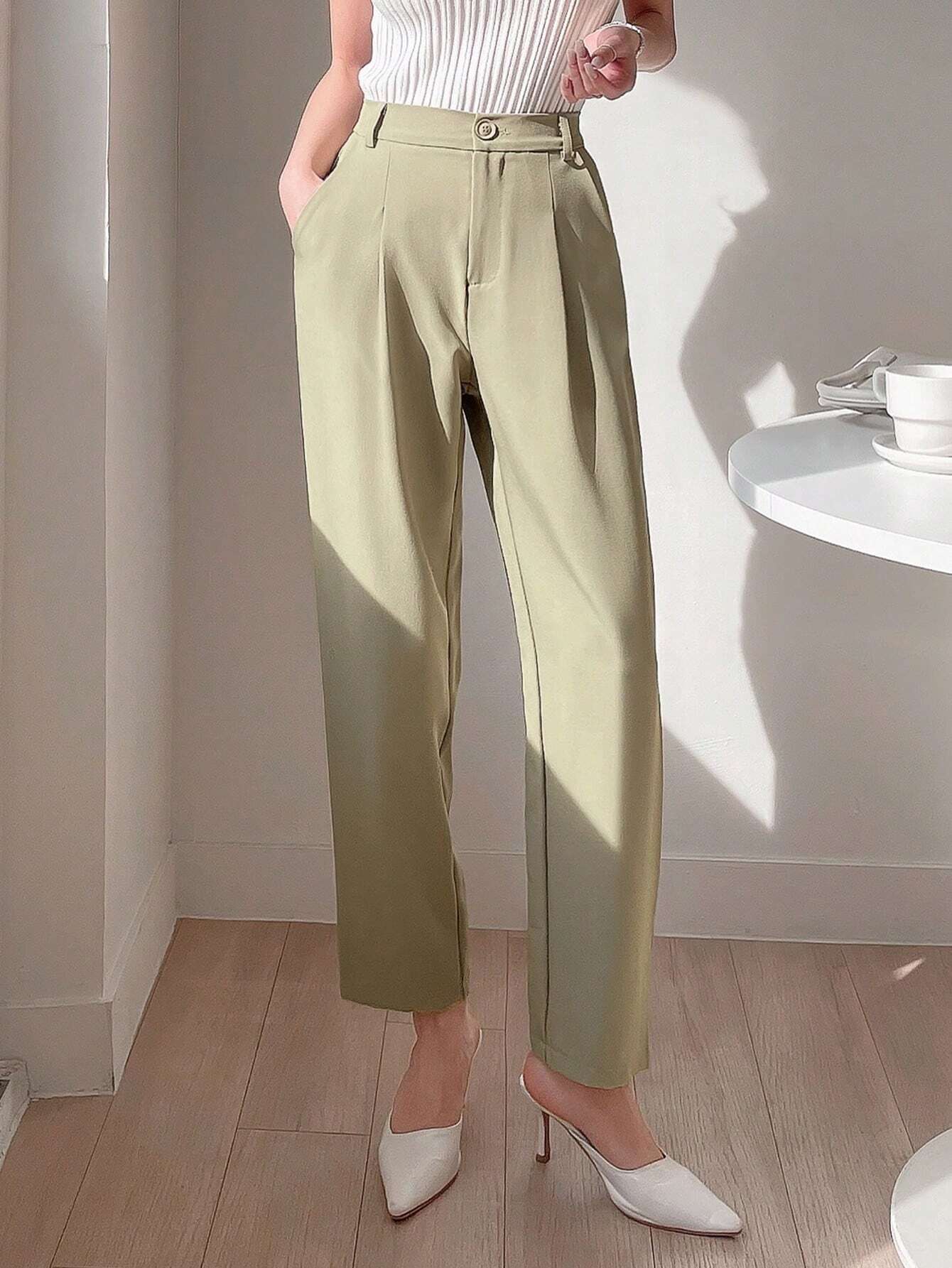 Buy SHEIN DAZY Women's Plain Color Pleated Pocket Dress Pants, Business Casual Style in Pakistan