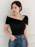 Buy SHEIN DAZY Women's Solid Color Asymmetric Collar & Pleated T-Shirt in Pakistan