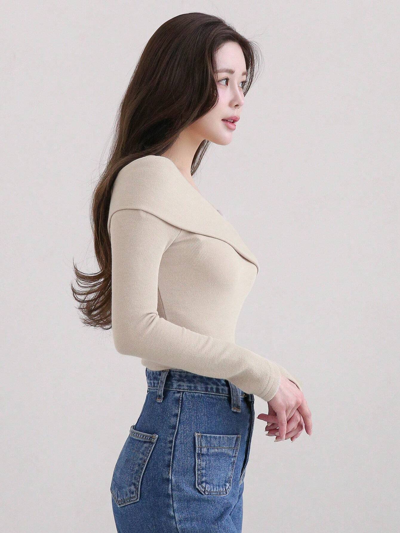 Buy SHEIN DAZY Women's Solid Color Lapel Off-Shoulder Elegant Mid-Length T-Shirt, Autumn in Pakistan