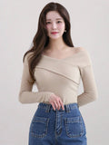 Buy SHEIN DAZY Women's Solid Color Lapel Off-Shoulder Elegant Mid-Length T-Shirt, Autumn in Pakistan
