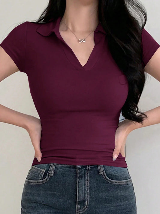Buy SHEIN DAZY Women's Solid Color Lapel Short Sleeve V-Neck Simple Tight Polo Neck T-Shirt in Pakistan