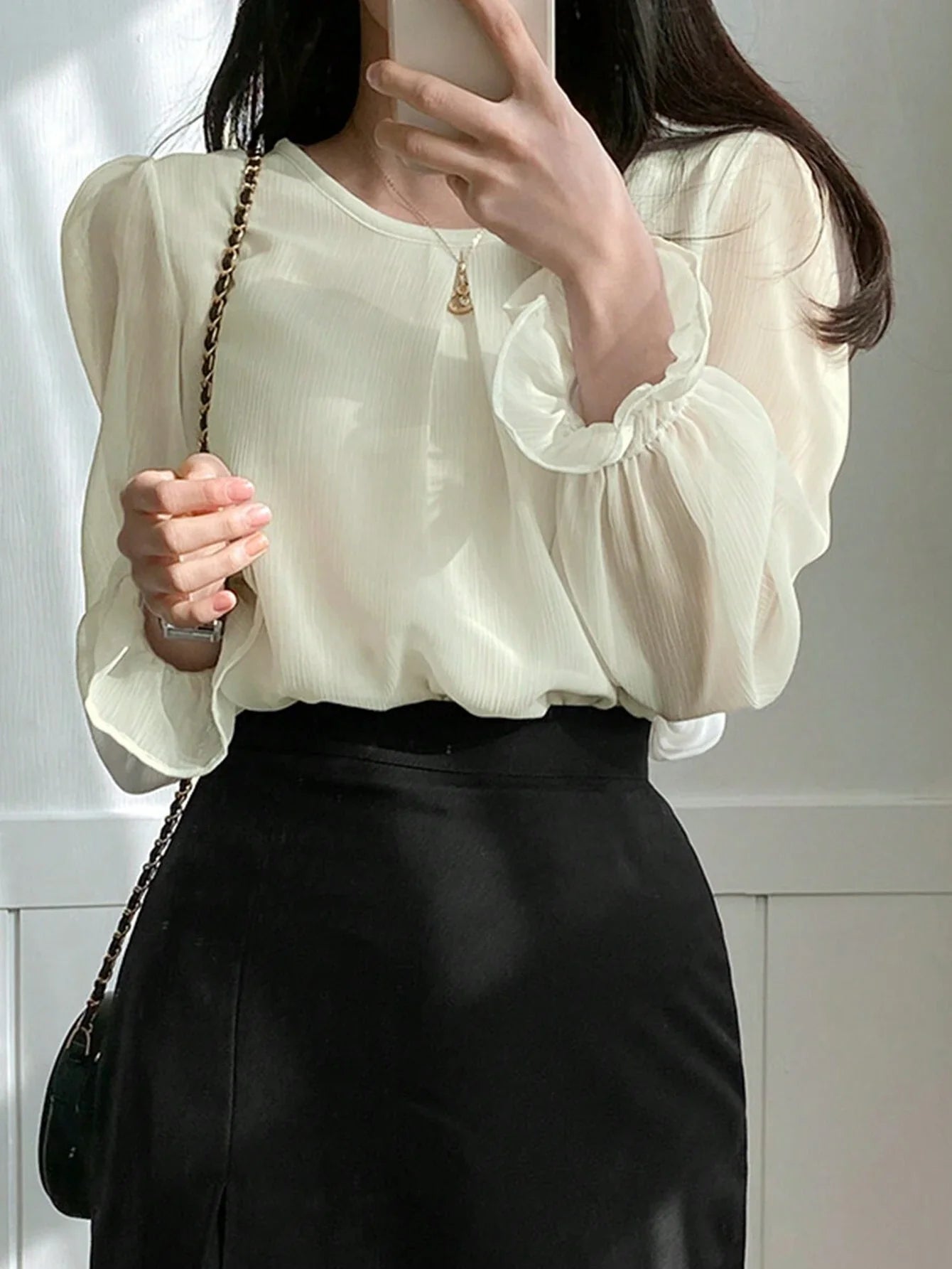 Buy SHEIN DAZY Women's Solid Color Round Neck Long Sleeve Elegant Blouse, Business Casual, Autumn in Pakistan