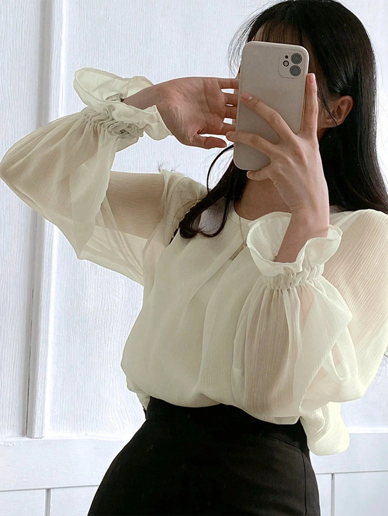 Buy SHEIN DAZY Women's Solid Color Round Neck Long Sleeve Elegant Blouse, Business Casual, Autumn in Pakistan