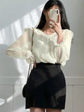 Buy SHEIN DAZY Women's Solid Color Round Neck Long Sleeve Elegant Blouse, Business Casual, Autumn in Pakistan