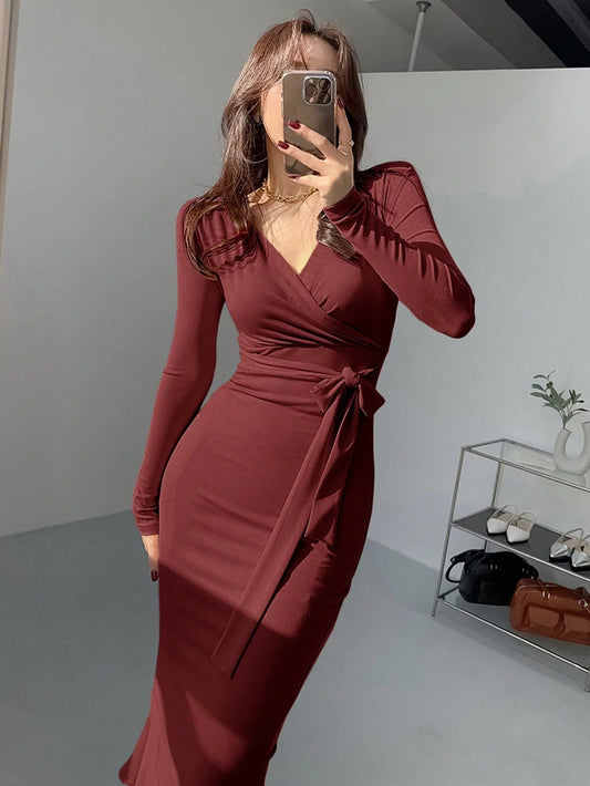 Buy SHEIN DAZY Women's Solid Color Self-Tie Wrap Midi Dress in Pakistan