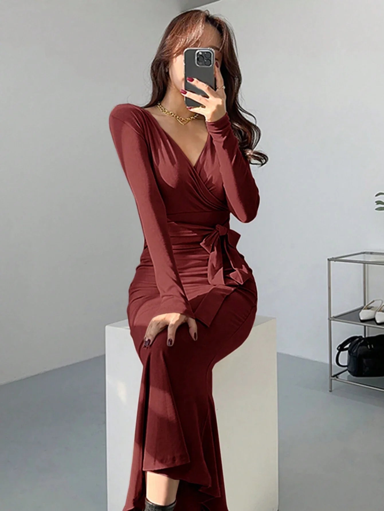 Buy SHEIN DAZY Women's Solid Color Self-Tie Wrap Midi Dress in Pakistan