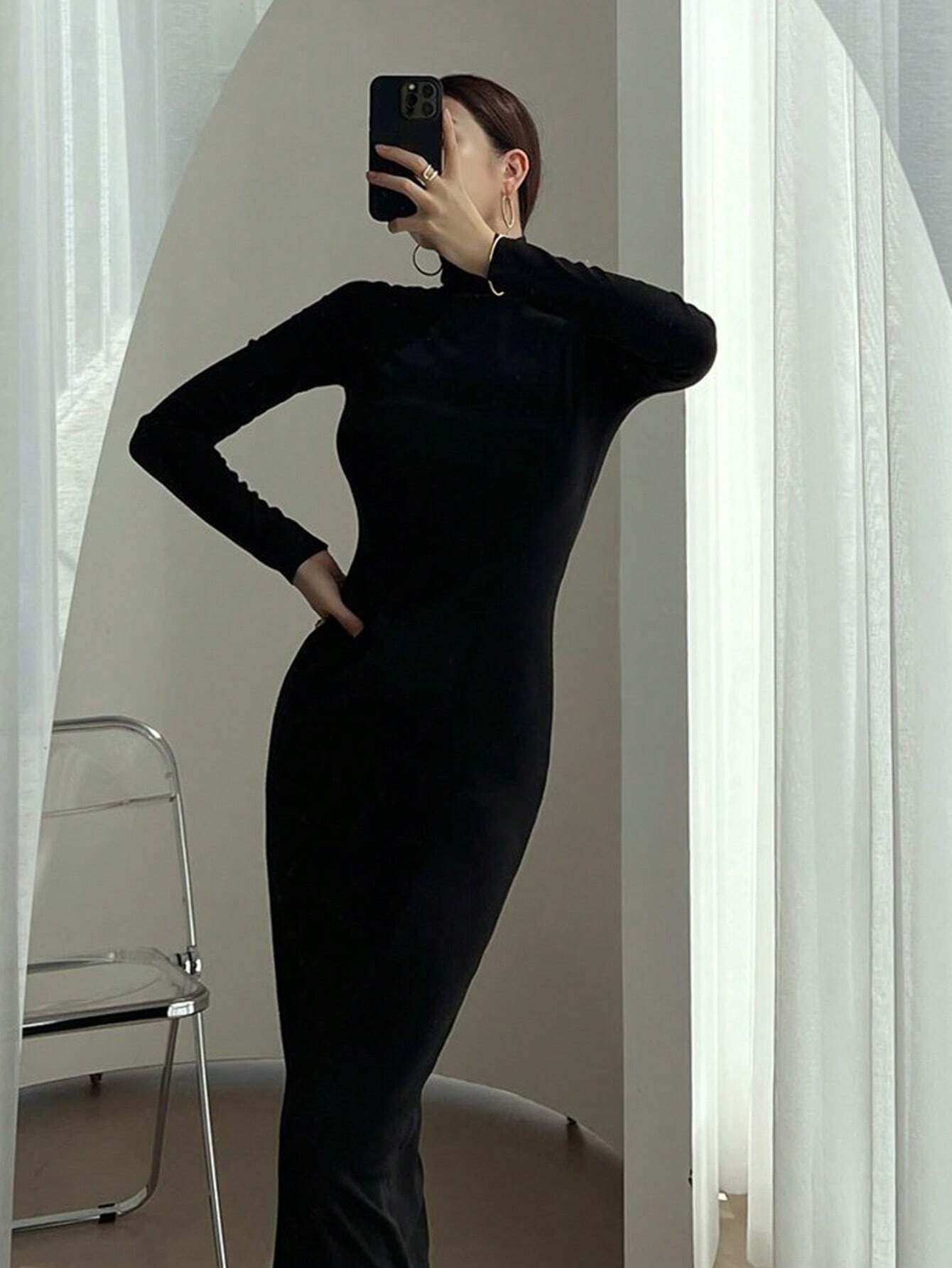 Buy SHEIN DAZY Women's Solid Color Slim Fit High Neck Slimming Versatile Long Dress in Pakistan