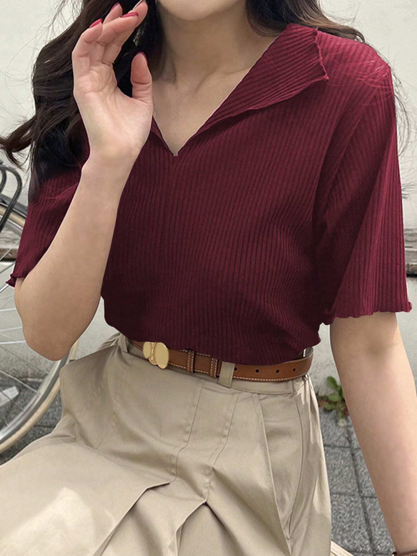 Buy SHEIN DAZY Women's Solid Color Turn-Down Collar Slim-Fit T-Shirt in Pakistan