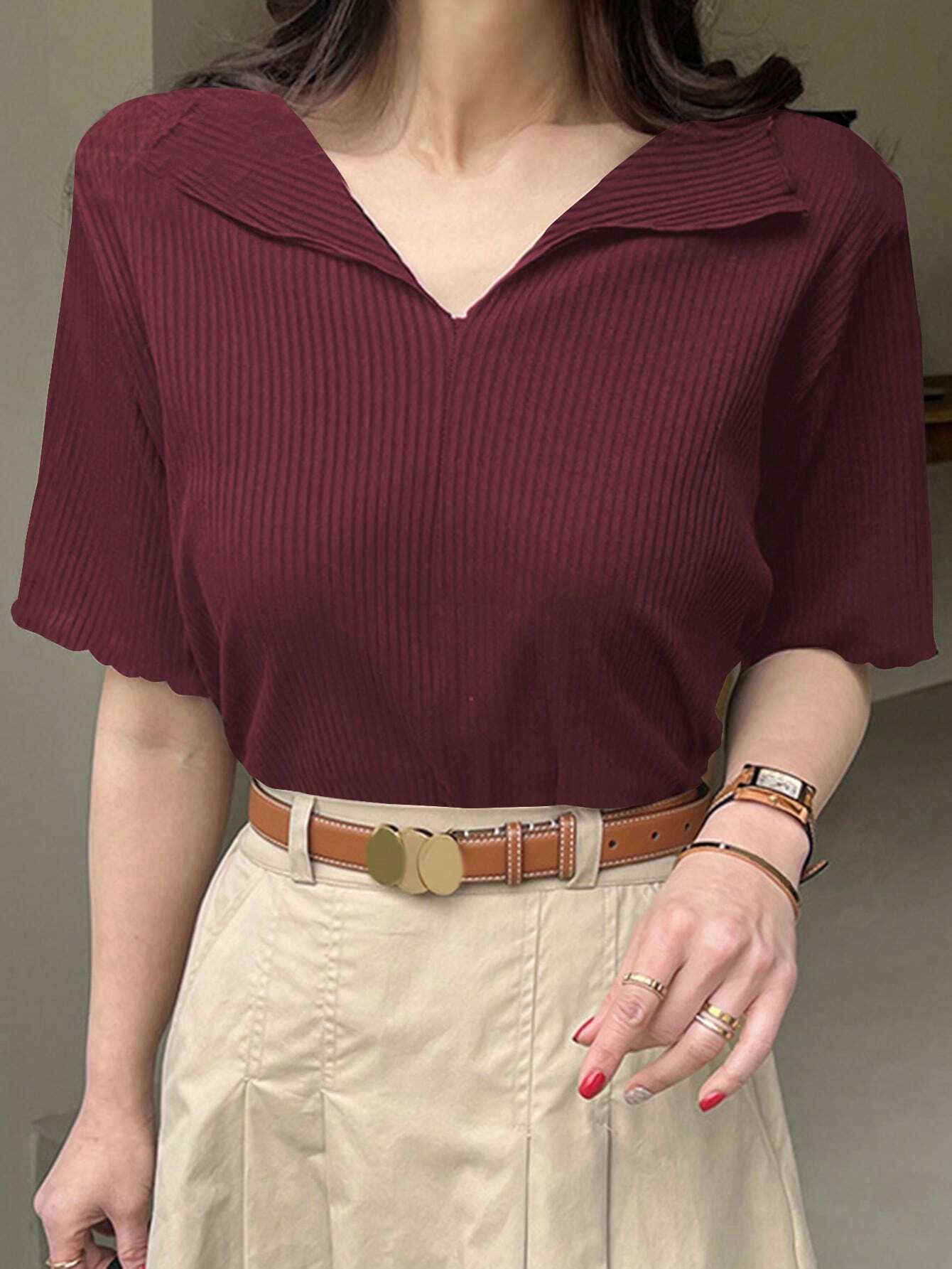 Buy SHEIN DAZY Women's Solid Color Turn-Down Collar Slim-Fit T-Shirt in Pakistan