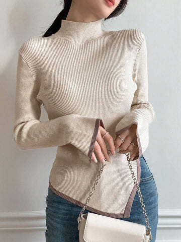 Buy SHEIN DAZY Women's Solid Stand Collar Asymmetric Hem Casual Business Sweater in Pakistan