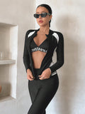Buy SHEIN DAZY Women's Sporty Swimwear Jacket, Black And White Color Block Long Sleeve Zipper Swim Coat, Conservative Sun-Protective Slim-Fit Swimming Jacket, Suitable For Vacation Diving (Without Pants) Summer in Pakistan