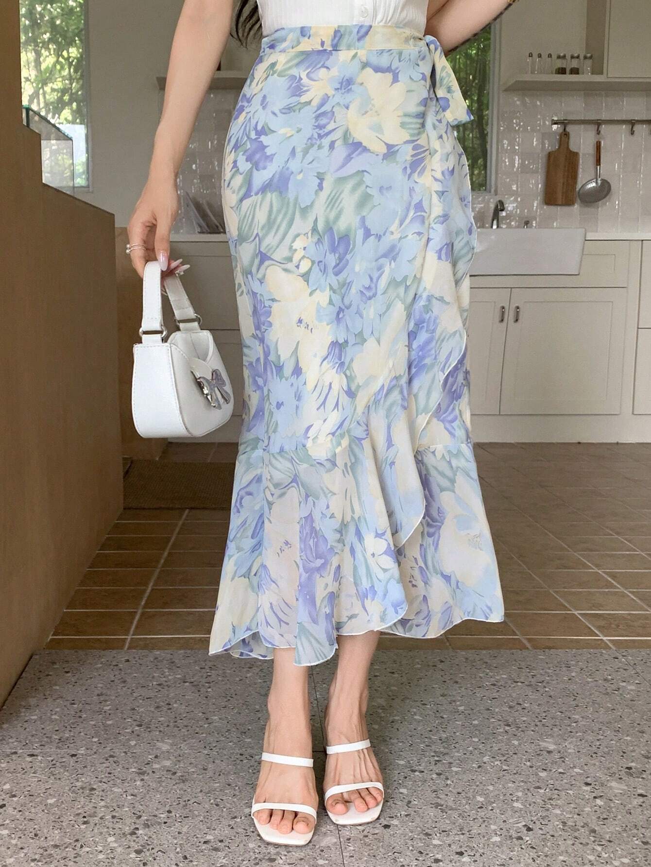 Buy SHEIN DAZY Women's Summer Elegant Floral Print Chiffon Ruffle Tie Wrap Skirt in Pakistan