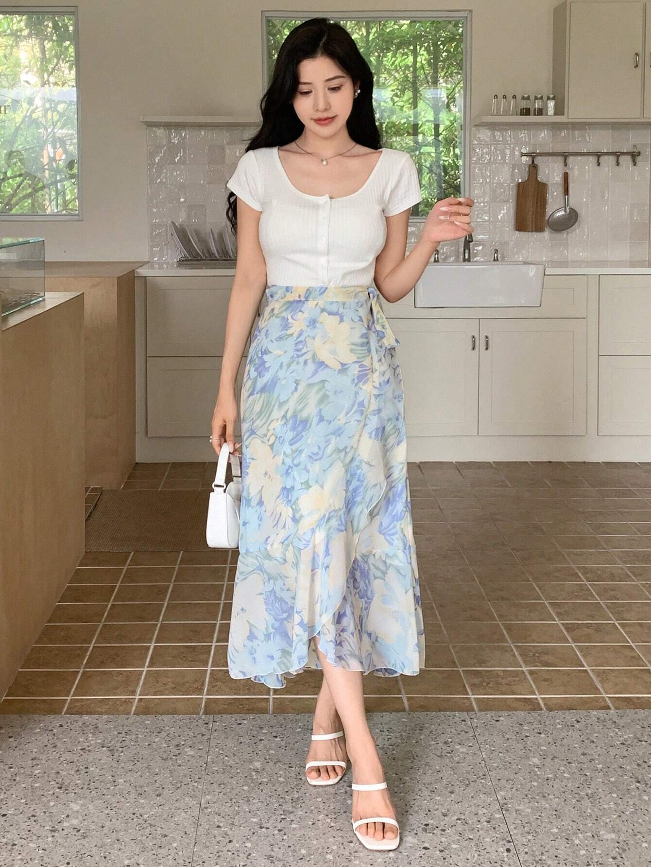 Buy SHEIN DAZY Women's Summer Elegant Floral Print Chiffon Ruffle Tie Wrap Skirt in Pakistan
