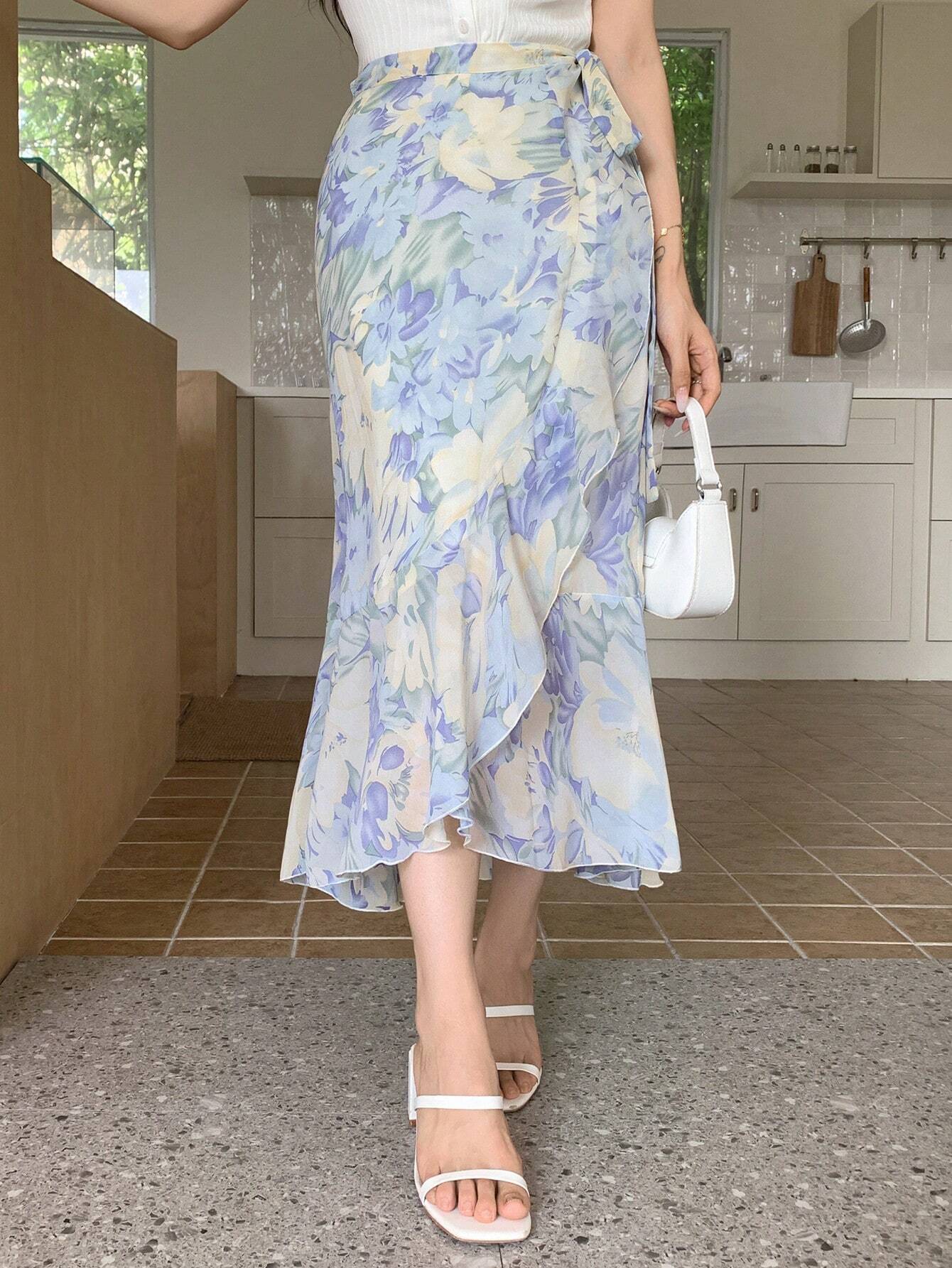 Buy SHEIN DAZY Women's Summer Elegant Floral Print Chiffon Ruffle Tie Wrap Skirt in Pakistan