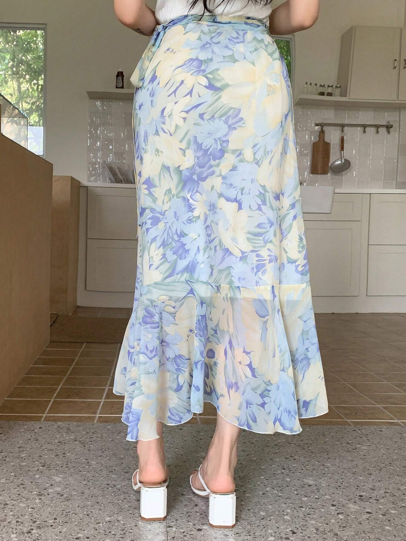 Buy SHEIN DAZY Women's Summer Elegant Floral Print Chiffon Ruffle Tie Wrap Skirt in Pakistan