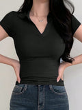 Buy SHEIN DAZY Women's Summer Solid Color Tight-Fitting Turn-Down Collar Short Sleeve T-Shirt in Pakistan
