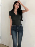 Buy SHEIN DAZY Women's Summer Solid Color Tight-Fitting Turn-Down Collar Short Sleeve T-Shirt in Pakistan