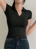 Buy SHEIN DAZY Women's Summer Solid Color Tight-Fitting Turn-Down Collar Short Sleeve T-Shirt in Pakistan