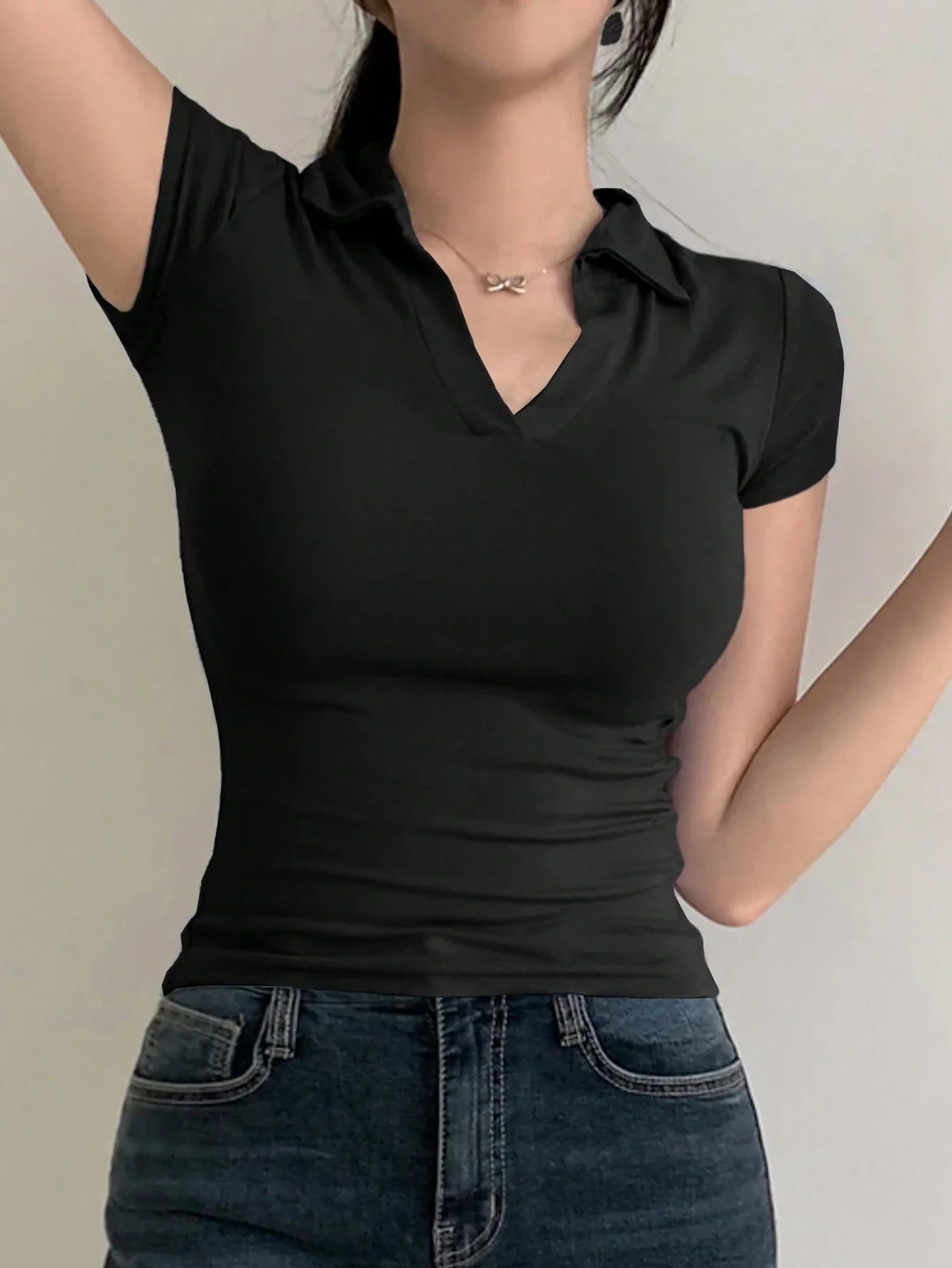Buy SHEIN DAZY Women's Summer Solid Color Tight-Fitting Turn-Down Collar Short Sleeve T-Shirt in Pakistan