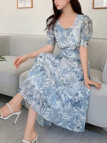 Buy SHEIN DAZY Women's Sweetheart Neckline Watercolor Floral Print Cinched Waist Puff Sleeve Pleated Dress in Pakistan
