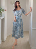 Buy SHEIN DAZY Women's Sweetheart Neckline Watercolor Floral Print Cinched Waist Puff Sleeve Pleated Dress in Pakistan