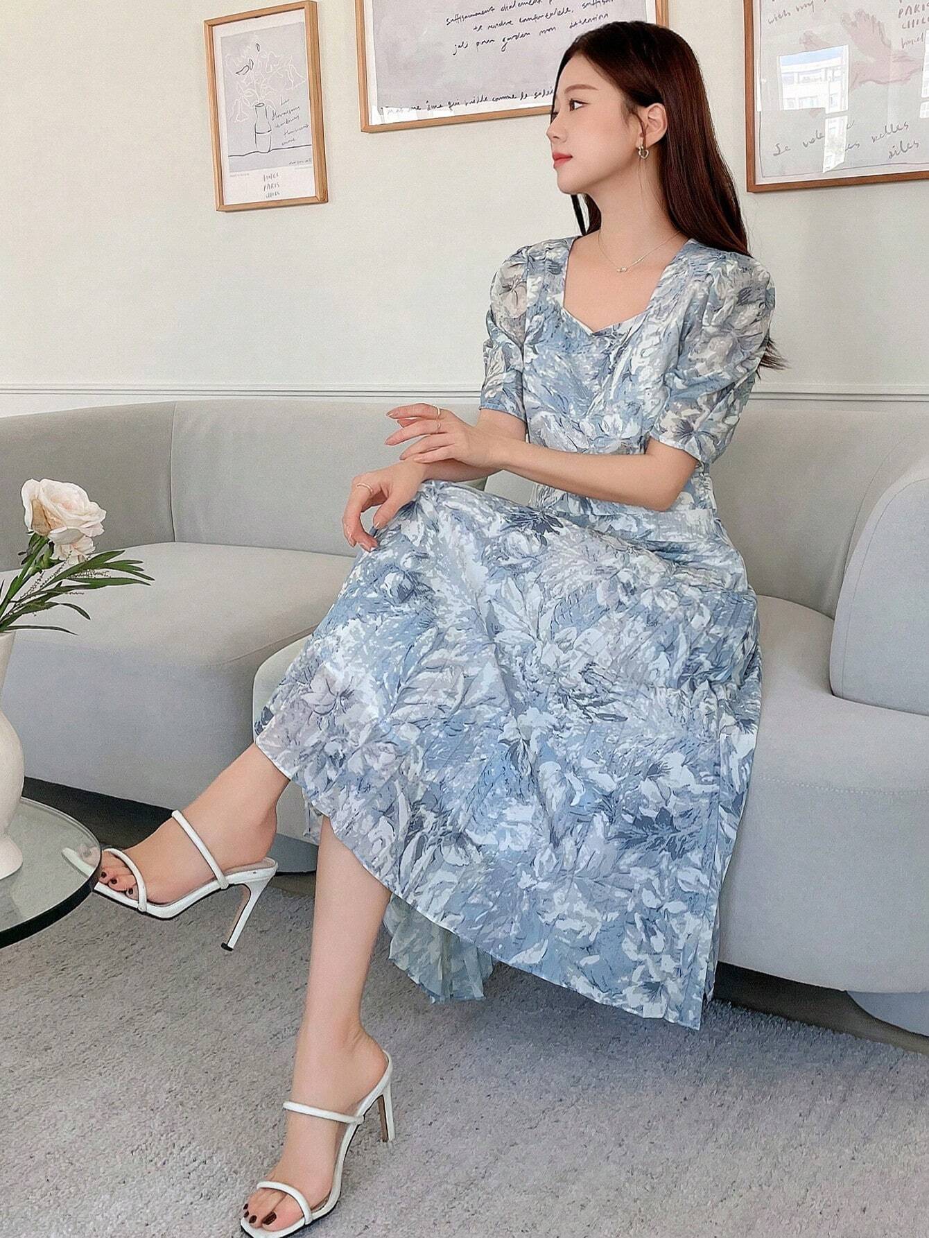 Buy SHEIN DAZY Women's Sweetheart Neckline Watercolor Floral Print Cinched Waist Puff Sleeve Pleated Dress in Pakistan
