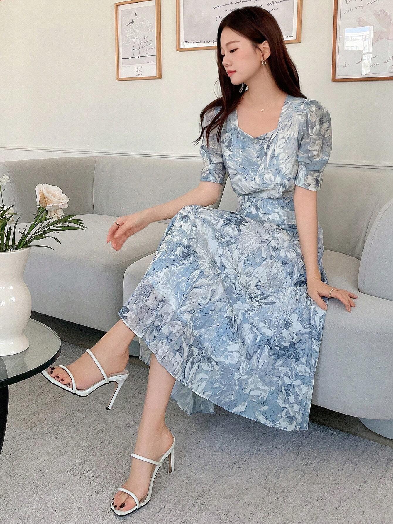 Buy SHEIN DAZY Women's Sweetheart Neckline Watercolor Floral Print Cinched Waist Puff Sleeve Pleated Dress in Pakistan