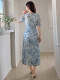 Buy SHEIN DAZY Women's Sweetheart Neckline Watercolor Floral Print Cinched Waist Puff Sleeve Pleated Dress in Pakistan